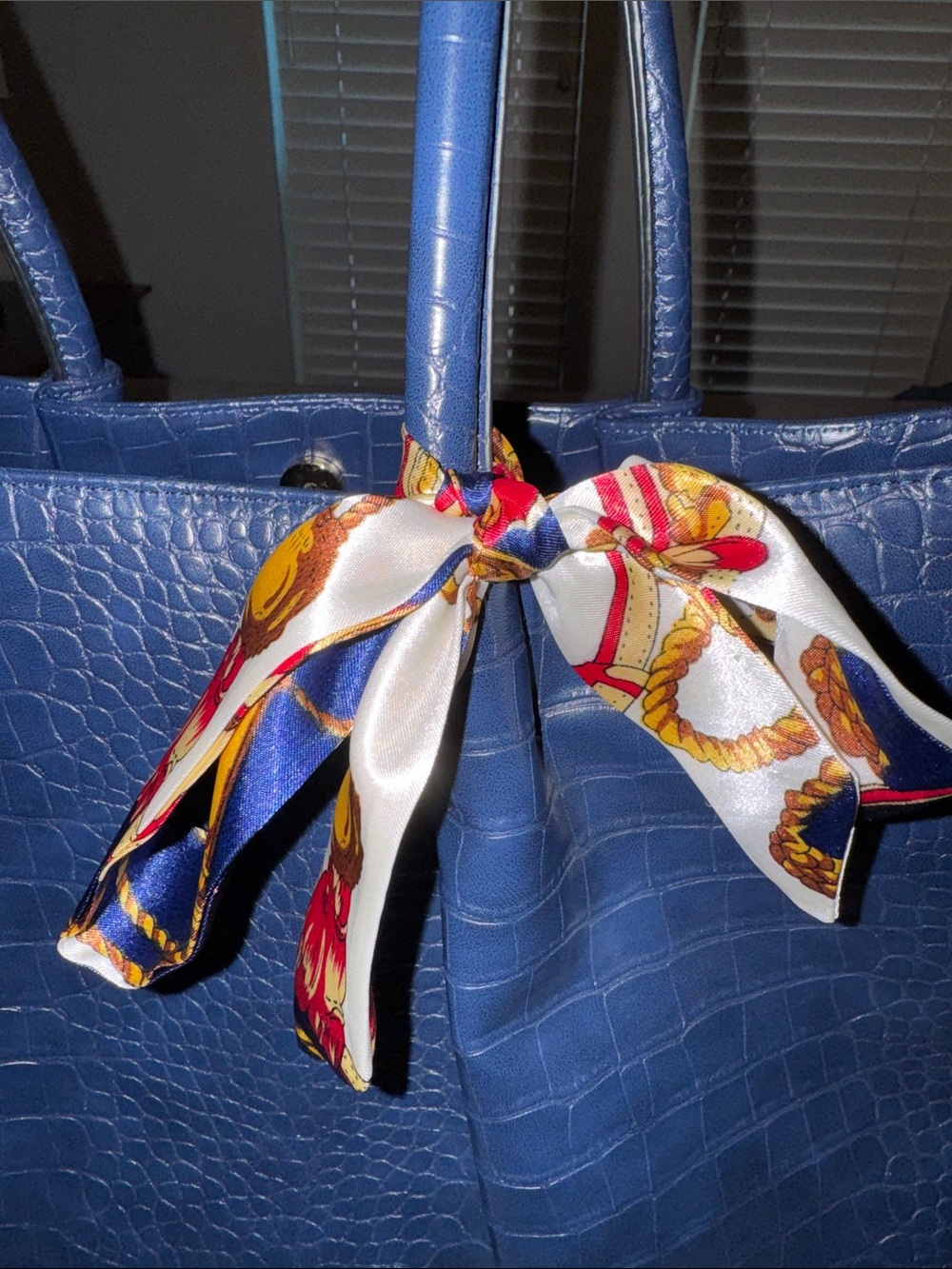 Structured Croc-Embossed Navy Tote with Scarf Accent - Picture 4 of 9